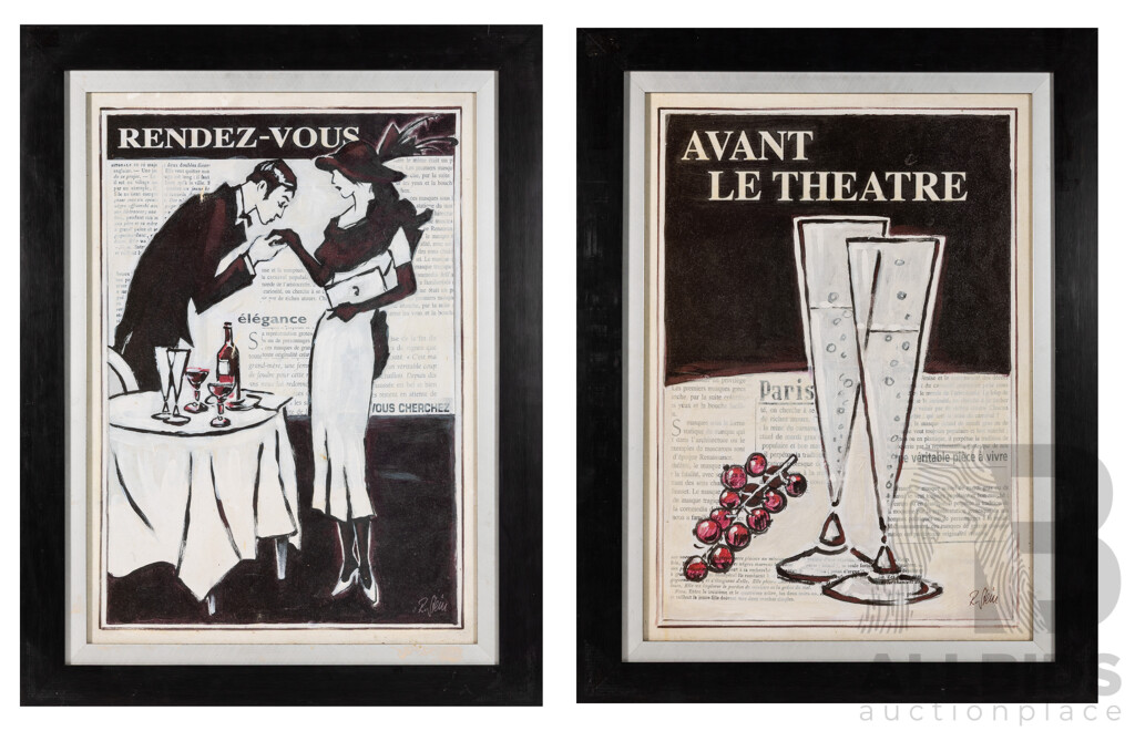 Rene Stein (20th Century), Avant Le Theatre & Rendez-Vouz, Pair of Reproduction Giclee Canvas Prints on Board of Original Mixed Media Works, 86 x 66 cm (frames) (2)
