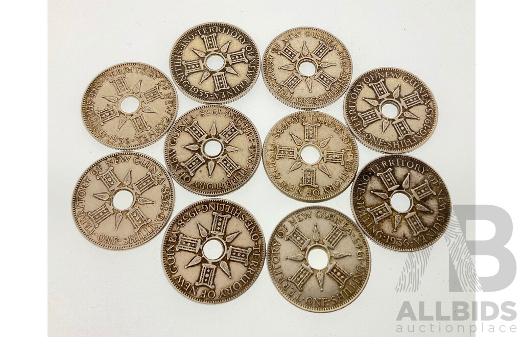 Ten Papua New Guinea Silver Shillings, Examples Spanning 1936 to 1945 .925