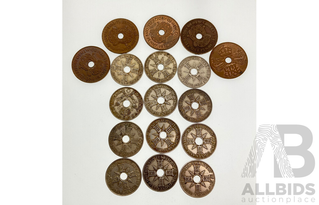 Twelve Papua New Guinea Silver Shillings, Examples Spanning 1935 to 1945 with Five Pennies