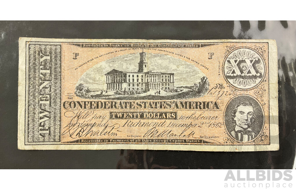 Confederate States of America December 2nd 1862 Twenty Dollar Note, Civil War Note