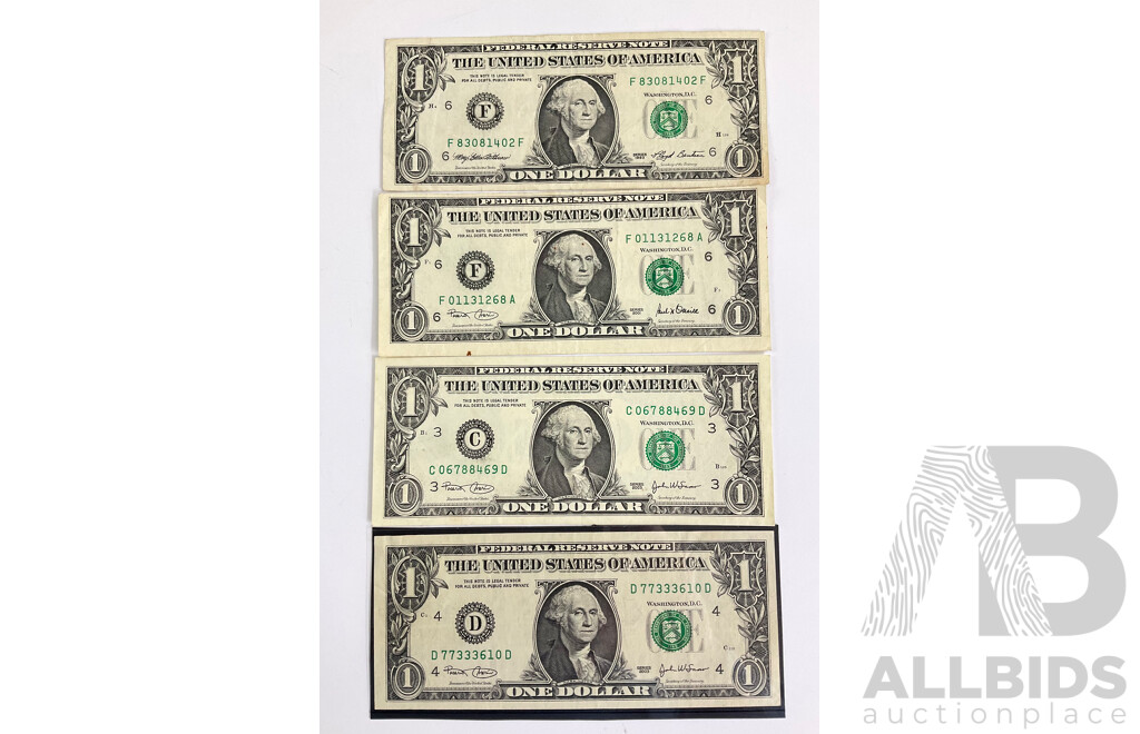 Four USA One Dollar Notes Including 1993, 2001 Off Centre, 2003(2)