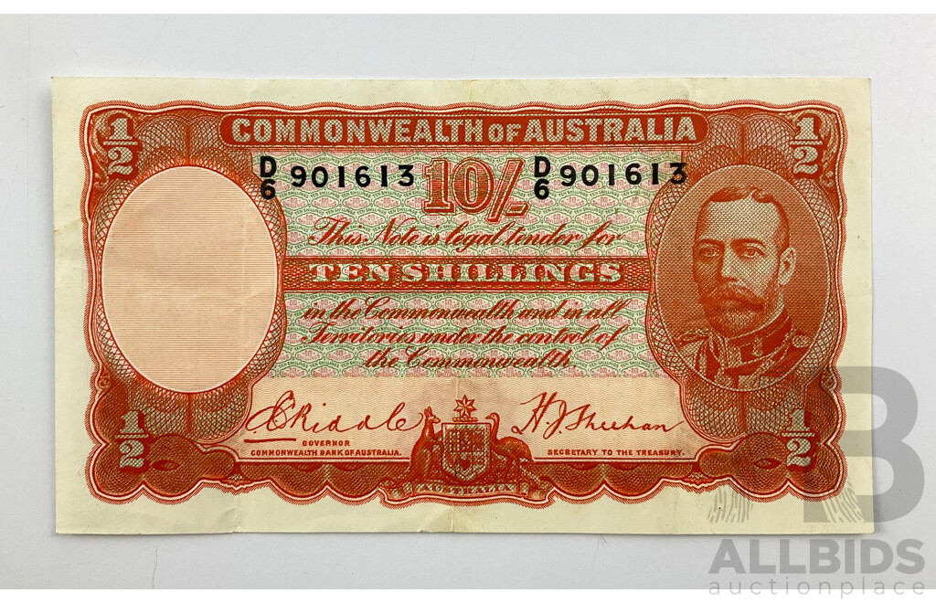 Australian 1936 Ten Shilling Note, Riddle/Sheehan R11, D6 901613