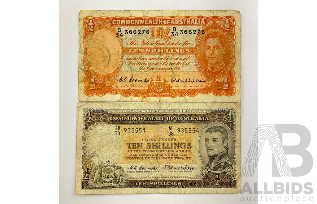 Australian 1952 and 1961 Ten Shilling Notes, Coombs/Wilson R15, B4 366276 and R17, AH38 93554