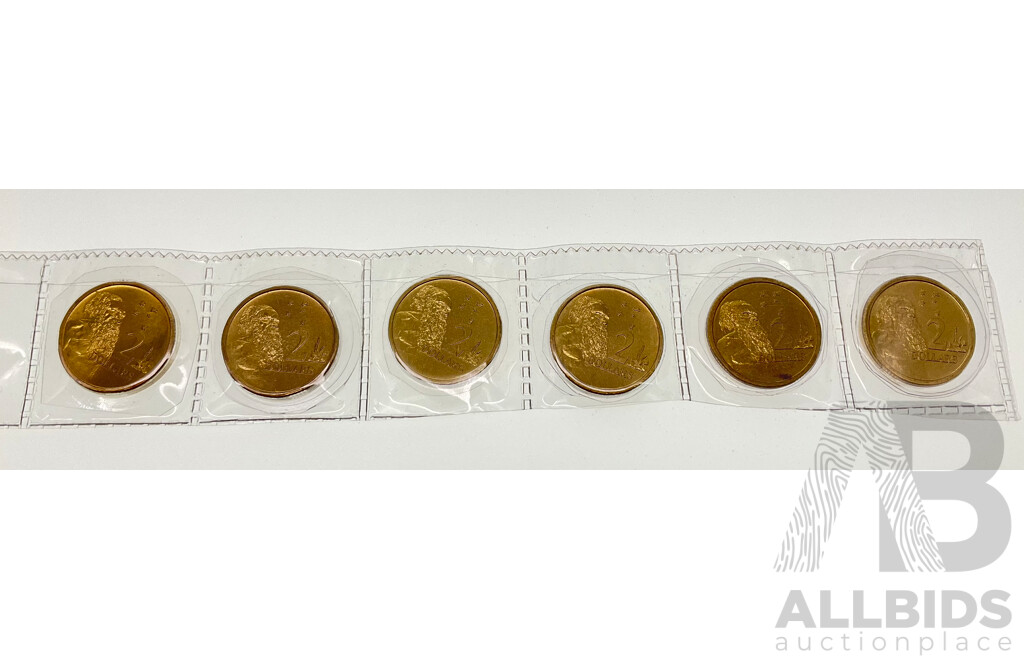 Six Australian UNC Two Dollar Coins Including 1988, 1989, 1990, 1991, 1992, 1993