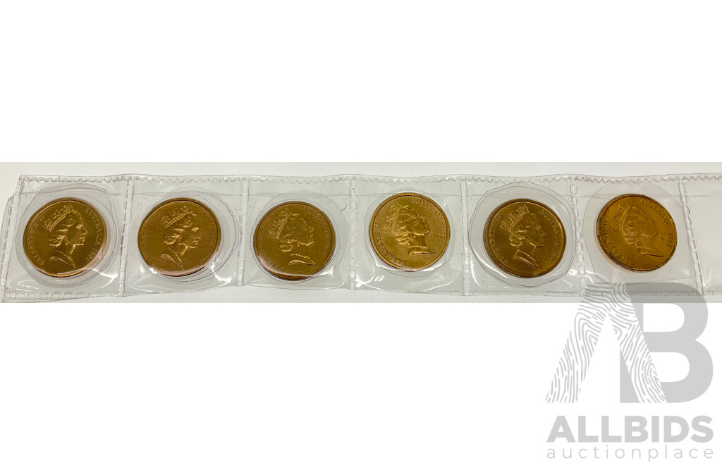 Six Australian UNC Two Dollar Coins Including 1988, 1989, 1990, 1991, 1992, 1993