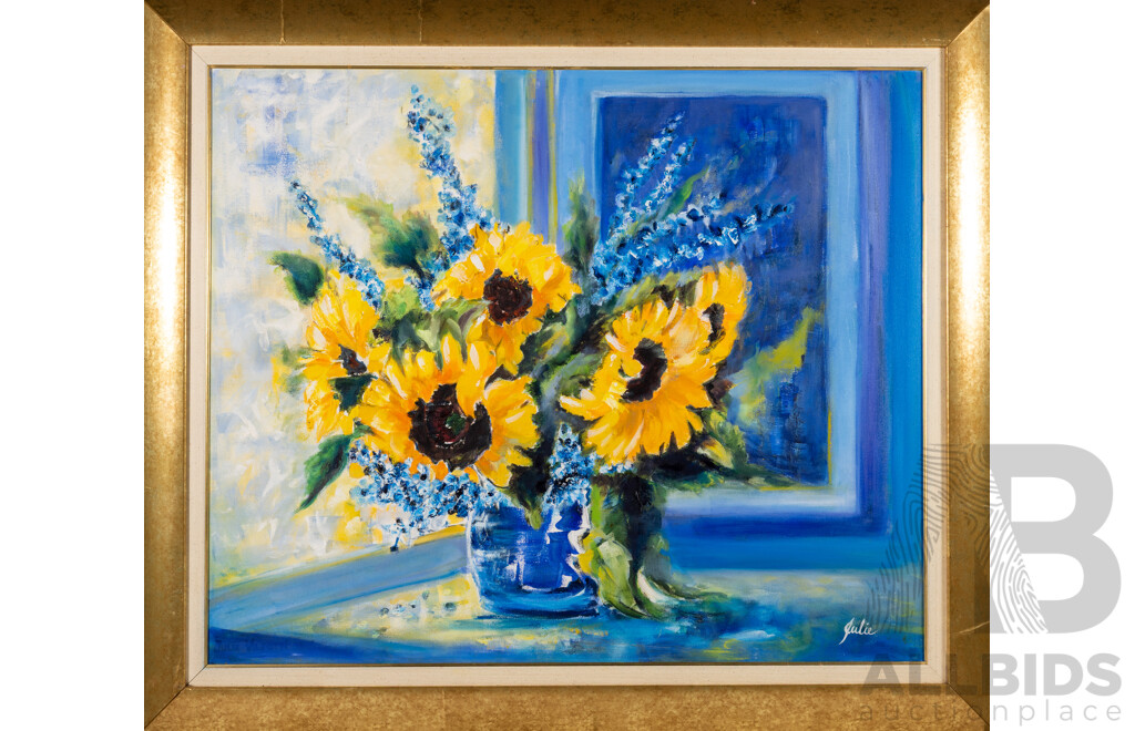 Julie Viljoen, (20th Century, South African), Still Life - Sunflower Posy in Blue Vase, Original Oil on Canvas, 93 x 107 cm (frame)