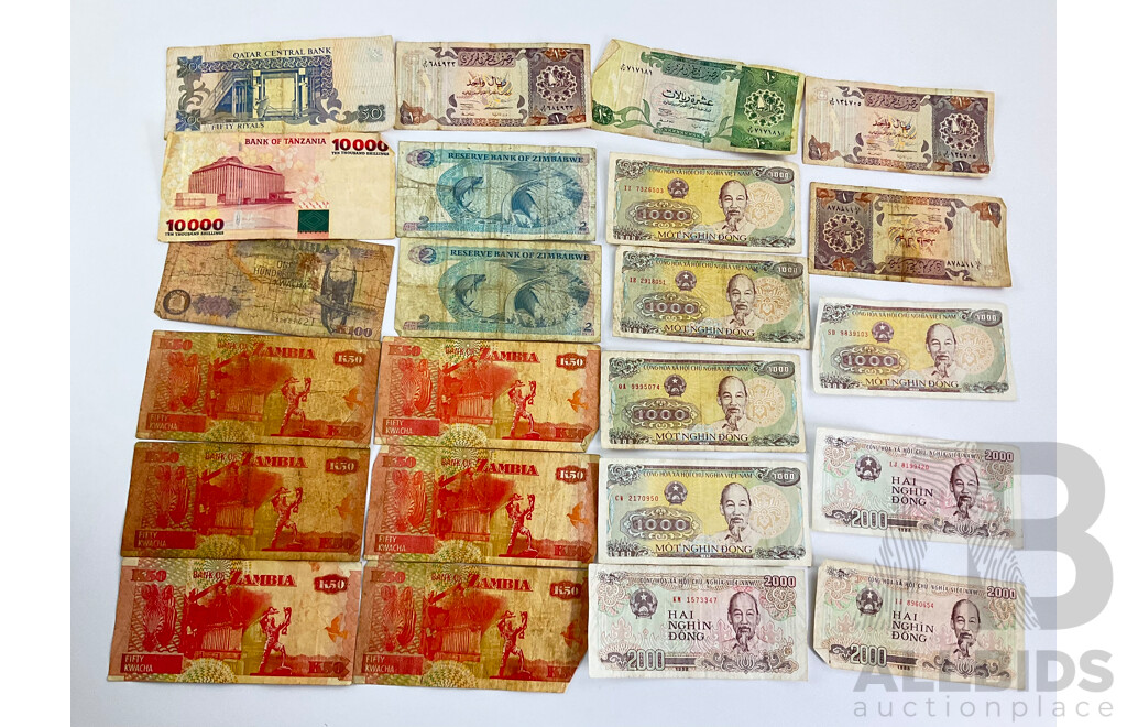 Vintage African Banknotes Including Zimbabwe, Zambia, Tanzania with Qatar and Vietnam Banknotes