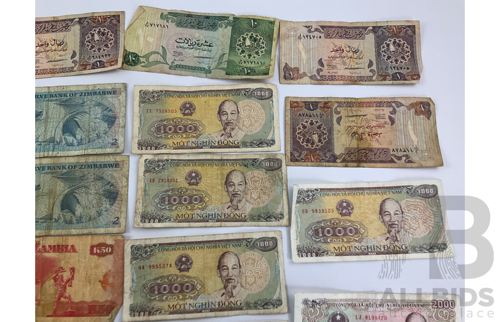 Vintage African Banknotes Including Zimbabwe, Zambia, Tanzania with Qatar and Vietnam Banknotes
