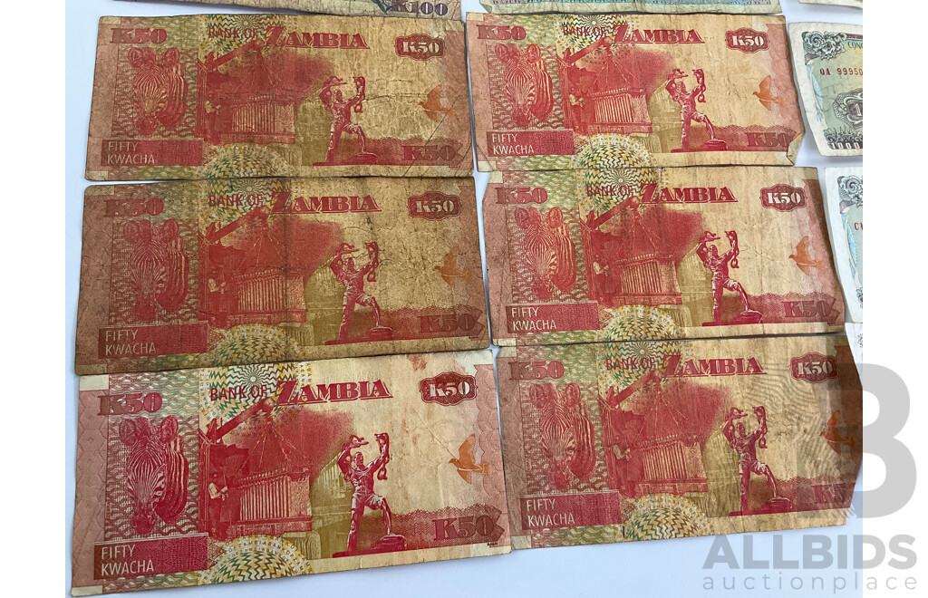 Vintage African Banknotes Including Zimbabwe, Zambia, Tanzania with Qatar and Vietnam Banknotes