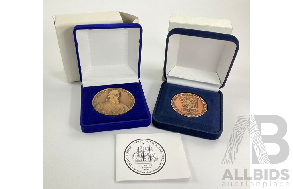 Two Boxed Russian Medallions, First Russian Ship in Australia and Saint John of Kronstadt