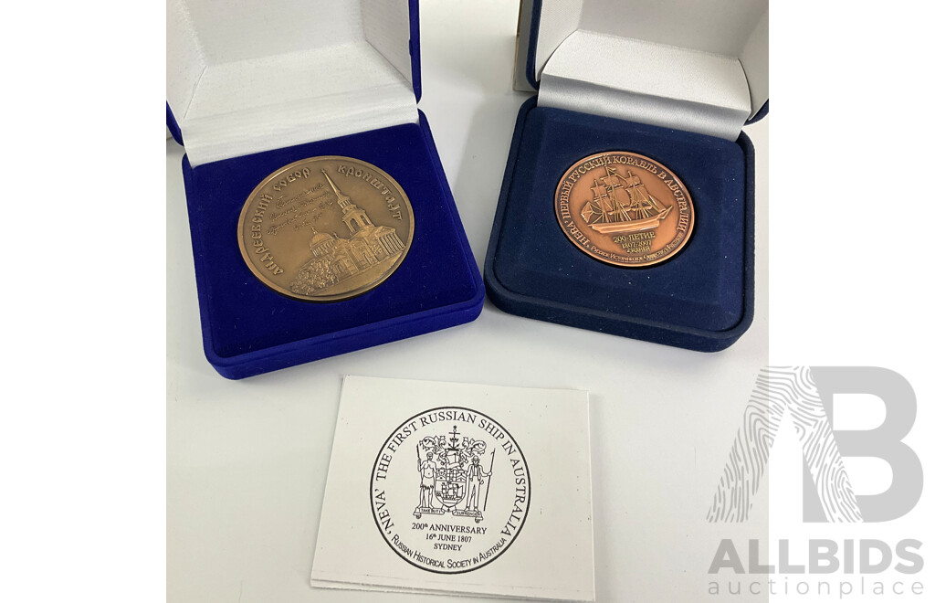 Two Boxed Russian Medallions, First Russian Ship in Australia and Saint John of Kronstadt