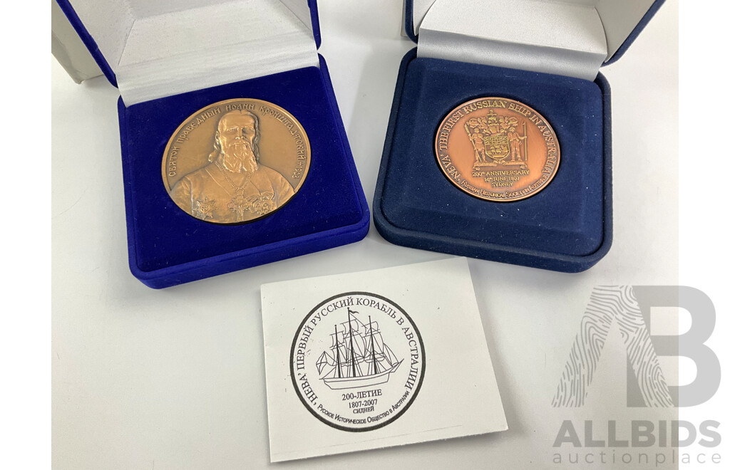 Two Boxed Russian Medallions, First Russian Ship in Australia and Saint John of Kronstadt