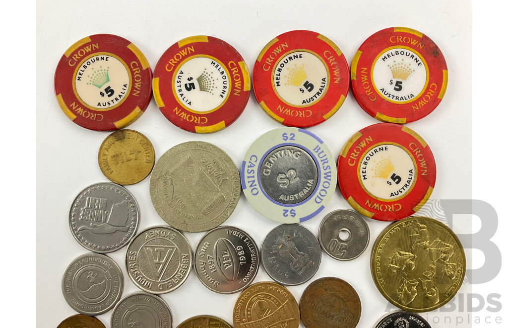 Collection of Vintage Tokens, Medallions, Coins and Casino Chips Including Federation, Darling Harbour, Car Wash, Tilt, Grundy's, AFL, VFL, Abberfield, Dream World, Metro Monorail, Jupiters, Crown, Brunswick