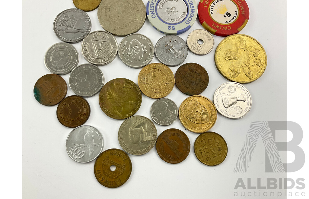 Collection of Vintage Tokens, Medallions, Coins and Casino Chips Including Federation, Darling Harbour, Car Wash, Tilt, Grundy's, AFL, VFL, Abberfield, Dream World, Metro Monorail, Jupiters, Crown, Brunswick