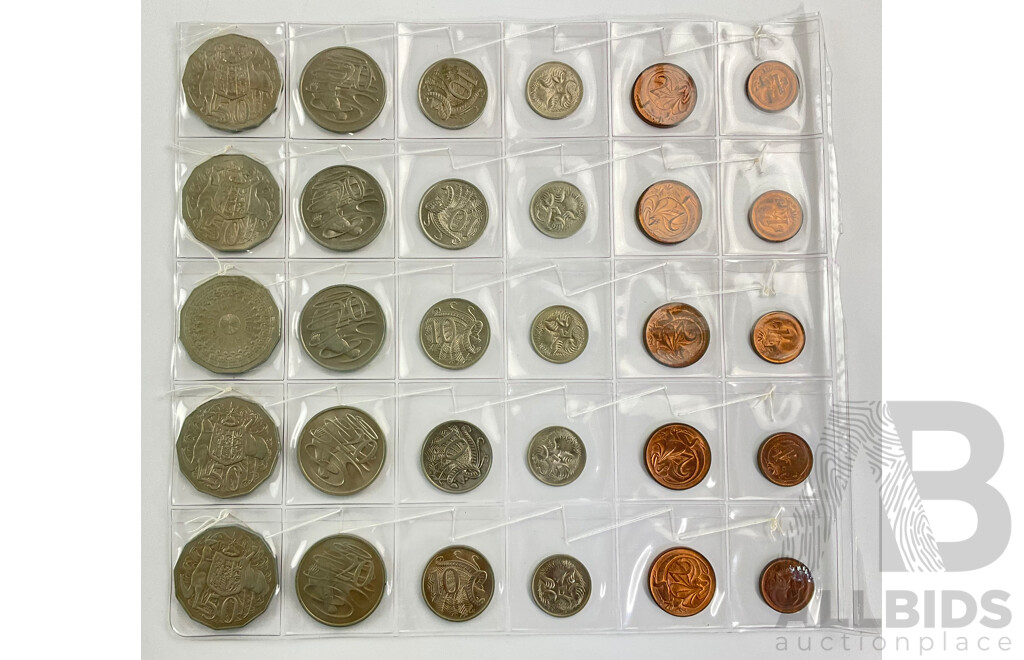 Five Australian Six Coin Sets, Consecutive 1975 to 1979 Including 1977 Jubilee Fifty Cent