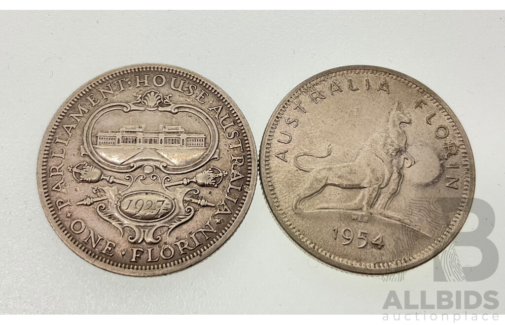 Two Australian Commemorative Silver Florins, 1927 KGV Canberra and 1954 QE2 Royal Visit