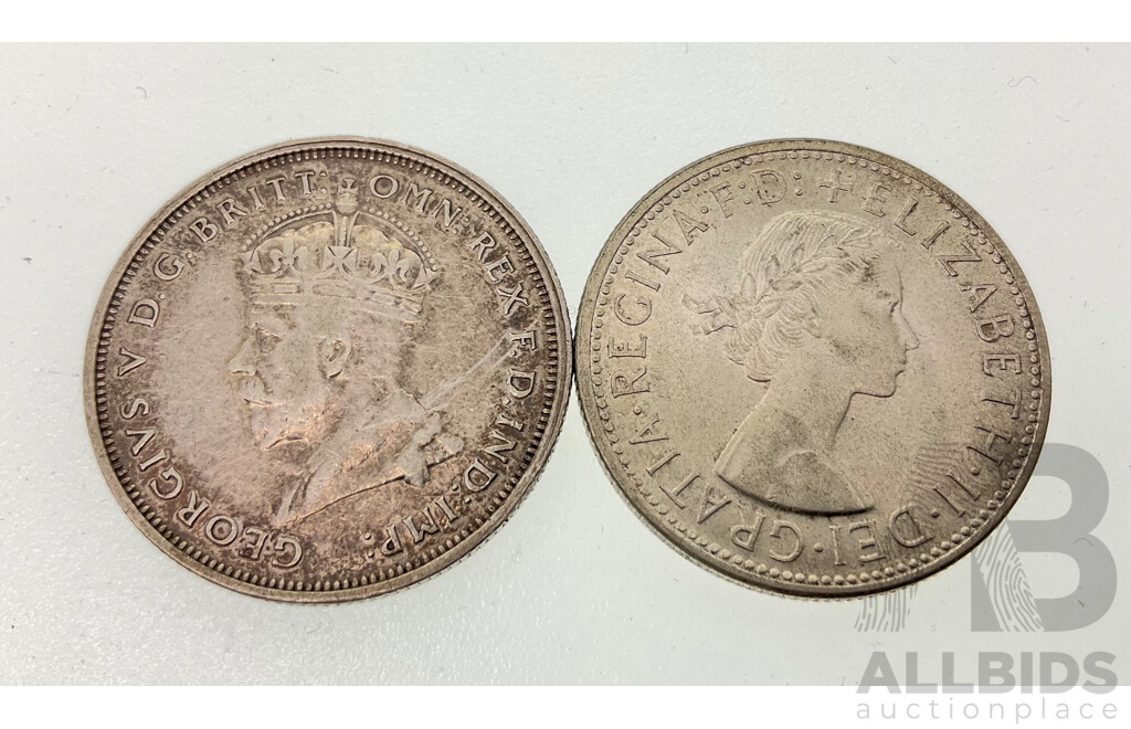 Two Australian Commemorative Silver Florins, 1927 KGV Canberra and 1954 QE2 Royal Visit