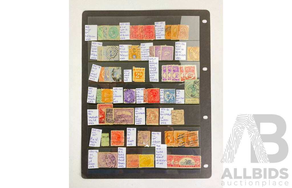 Collection of Australian Colonial Stamps Including QV, OS, Imperfs, Hand Cancels, Perforated, New South Wales, South Australia, Western Australia, Victoria, Tasmania