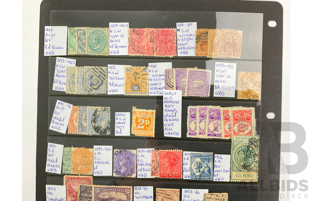 Collection of Australian Colonial Stamps Including QV, OS, Imperfs, Hand Cancels, Perforated, New South Wales, South Australia, Western Australia, Victoria, Tasmania