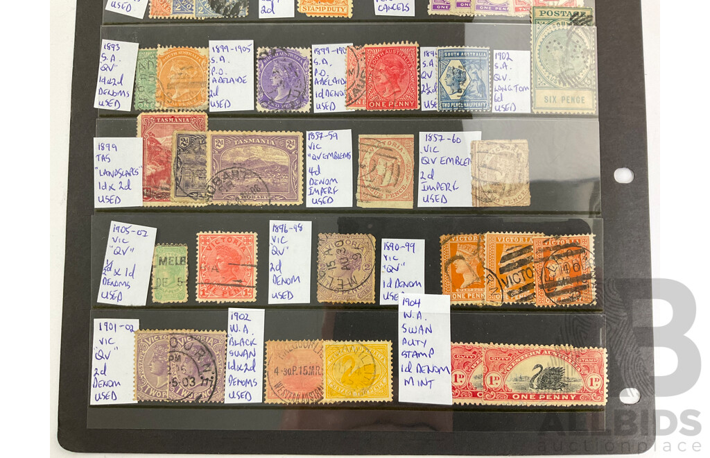 Collection of Australian Colonial Stamps Including QV, OS, Imperfs, Hand Cancels, Perforated, New South Wales, South Australia, Western Australia, Victoria, Tasmania