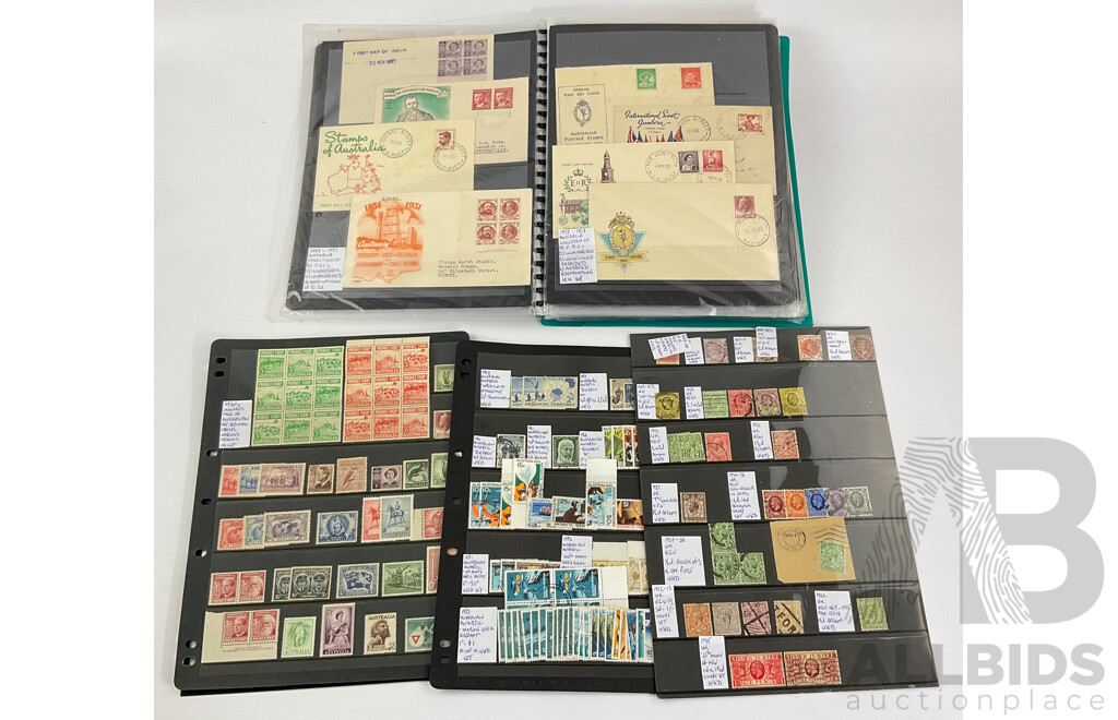 Collection of Australian Vintage First Day Covers and Stamps Including Mint Predecimal, Produce Food! Blocks, QV, KGV, FDC's 1956 Melbourne Olumpics, Flying Doctor, QE2, Qantas and More