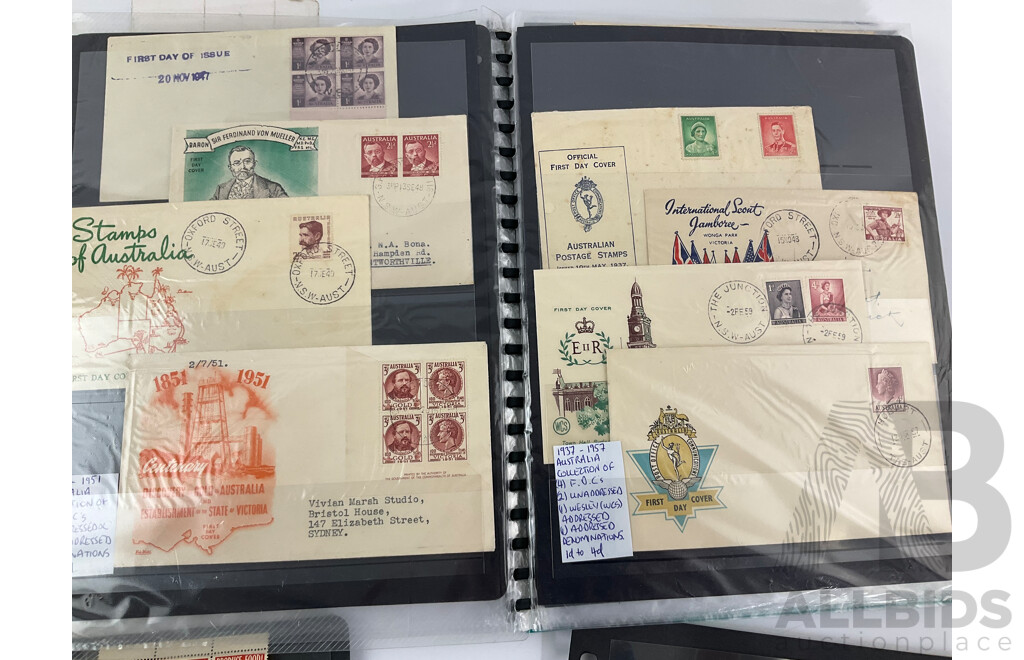 Collection of Australian Vintage First Day Covers and Stamps Including Mint Predecimal, Produce Food! Blocks, QV, KGV, FDC's 1956 Melbourne Olumpics, Flying Doctor, QE2, Qantas and More