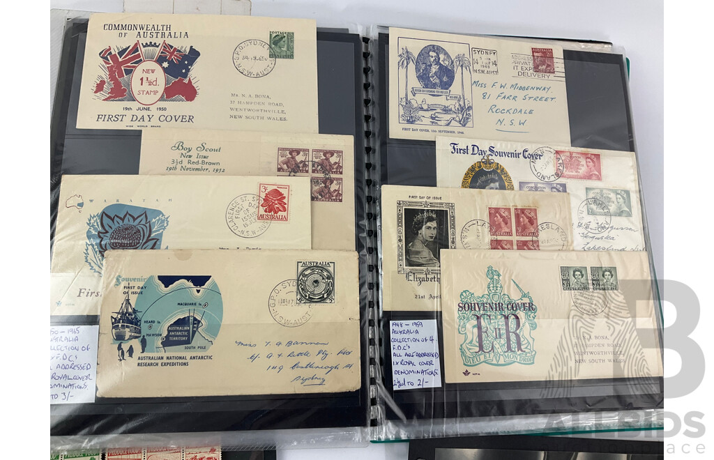 Collection of Australian Vintage First Day Covers and Stamps Including Mint Predecimal, Produce Food! Blocks, QV, KGV, FDC's 1956 Melbourne Olumpics, Flying Doctor, QE2, Qantas and More