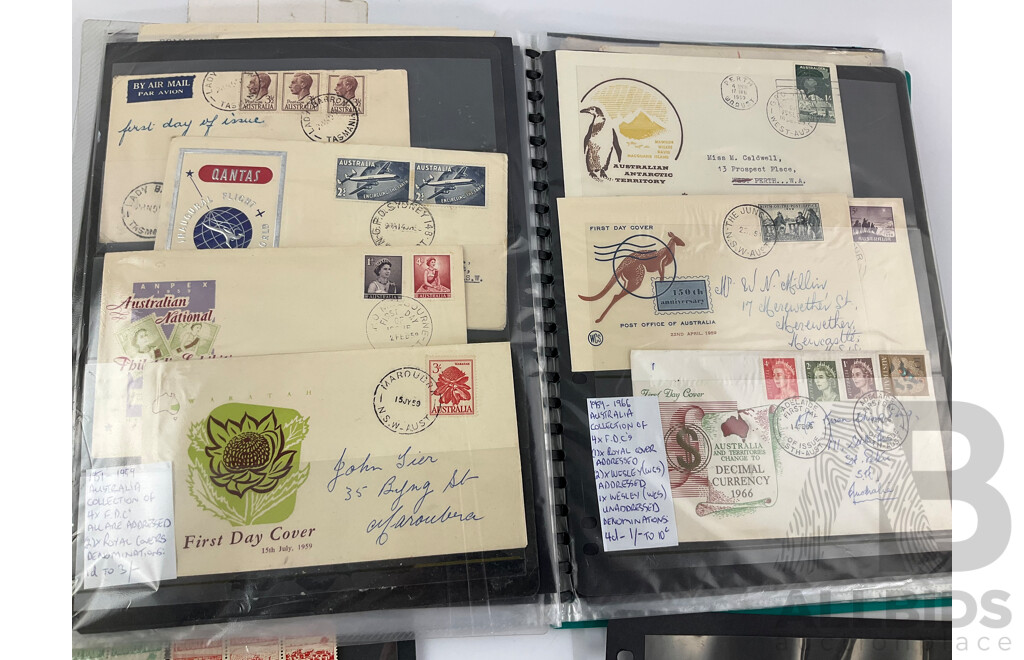 Collection of Australian Vintage First Day Covers and Stamps Including Mint Predecimal, Produce Food! Blocks, QV, KGV, FDC's 1956 Melbourne Olumpics, Flying Doctor, QE2, Qantas and More