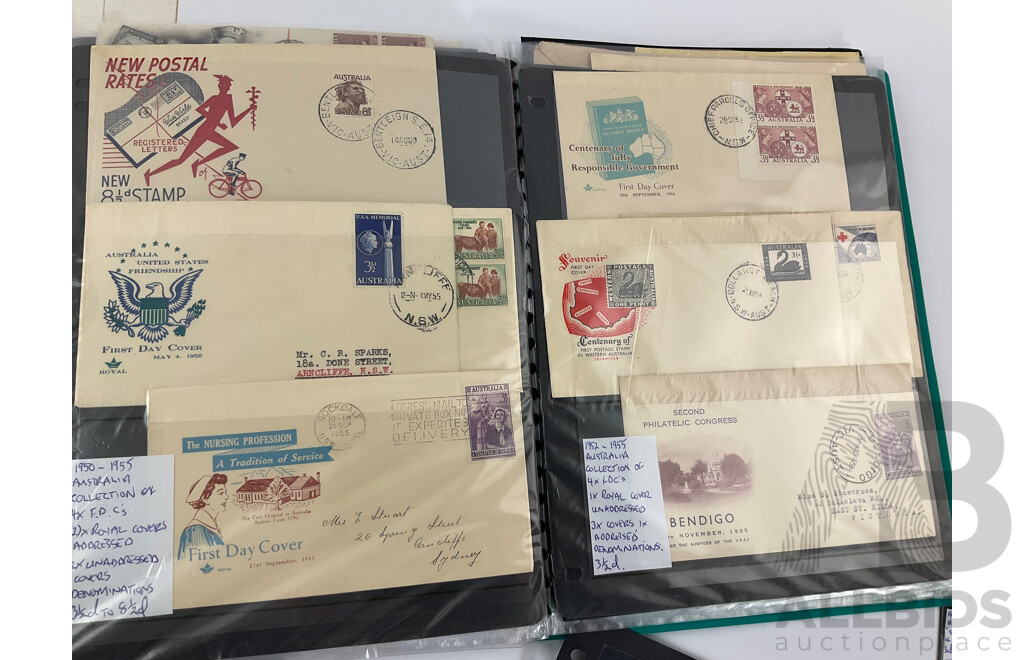 Collection of Australian Vintage First Day Covers and Stamps Including Mint Predecimal, Produce Food! Blocks, QV, KGV, FDC's 1956 Melbourne Olumpics, Flying Doctor, QE2, Qantas and More