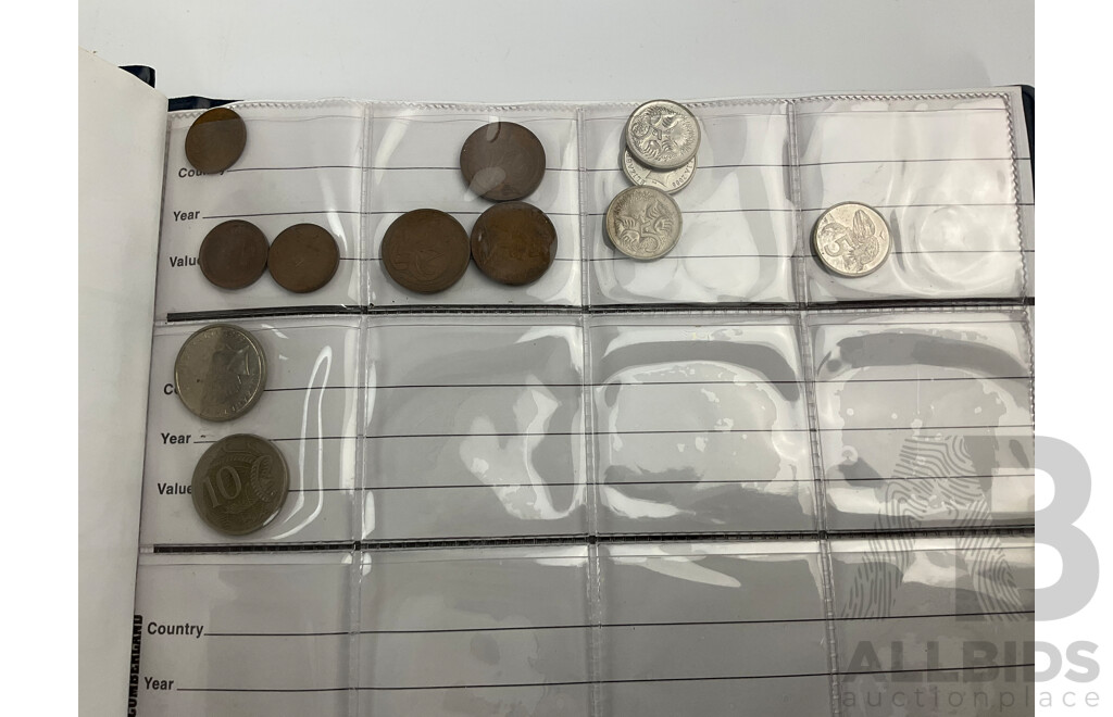 Renniks Coin Album Containing Australian Commemorative One Dollars, Fifty Cents, Twenty Cents, International, United Kingdom, USA,