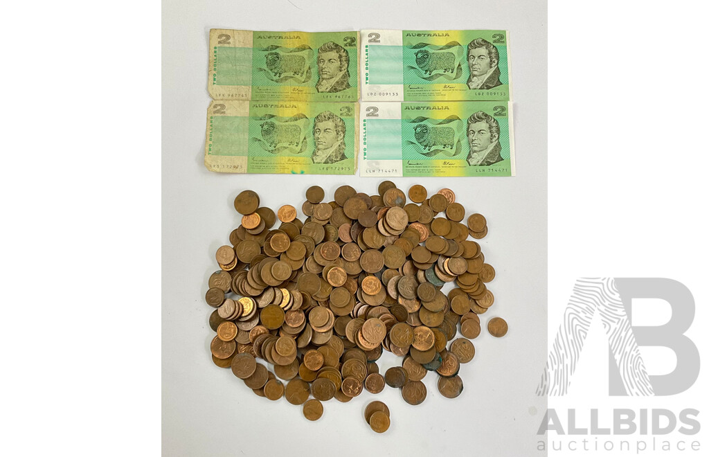 Four Australian 1985 Two Dollar Notes, Johnston/Fraser with Collection of One and Two Cent Coins - Approximately 1.3 Kilograms