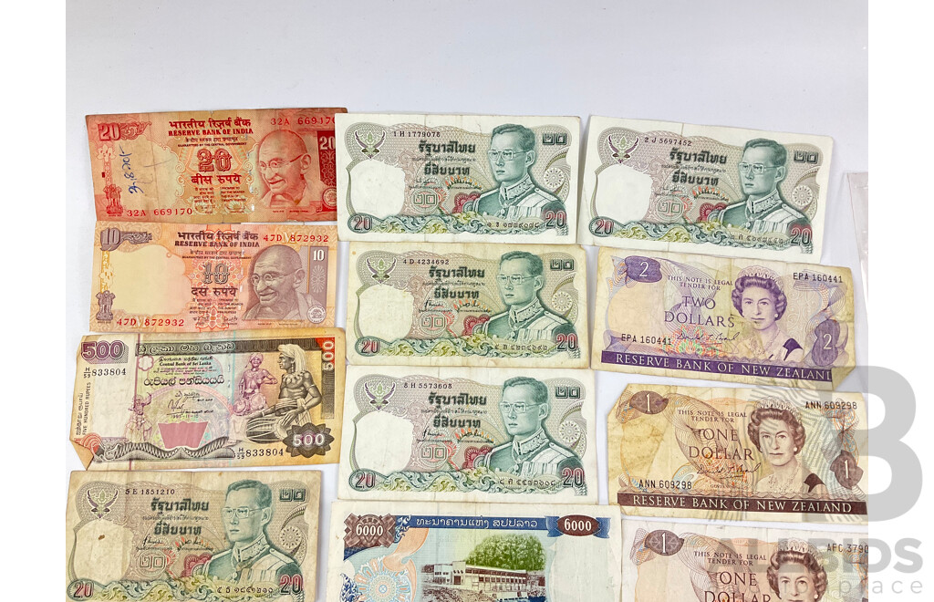 Collection of International Vintage Banknotes Including New Zealand, Fiji, India, Sri Lanka, Thailand, Laos, Malaysia, Egypt with Coins Including Italy, Germany, East Indies, Straits Settlements