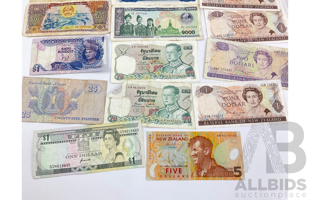 Collection of International Vintage Banknotes Including New Zealand, Fiji, India, Sri Lanka, Thailand, Laos, Malaysia, Egypt with Coins Including Italy, Germany, East Indies, Straits Settlements