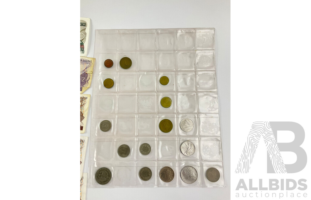 Collection of International Vintage Banknotes Including New Zealand, Fiji, India, Sri Lanka, Thailand, Laos, Malaysia, Egypt with Coins Including Italy, Germany, East Indies, Straits Settlements