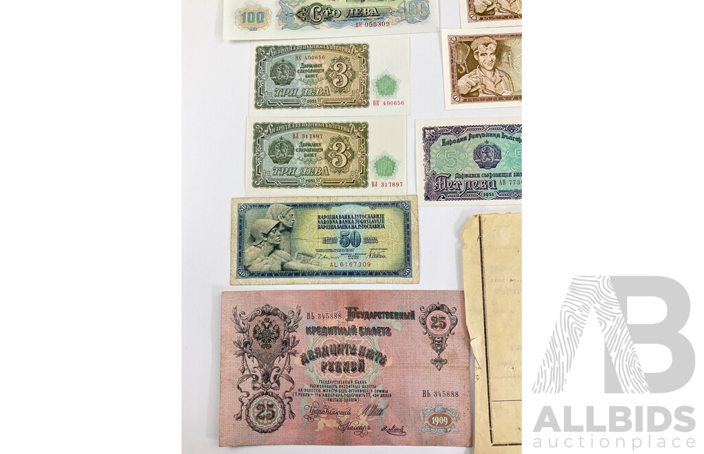 Collection of Vintage Eastern European Banknotes Including Bulgaria, Yugoslavia, Imperial Russia