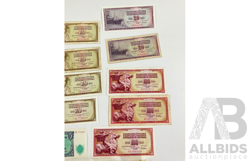 Collection of Vintage Eastern European Banknotes Including Bulgaria, Yugoslavia, Imperial Russia