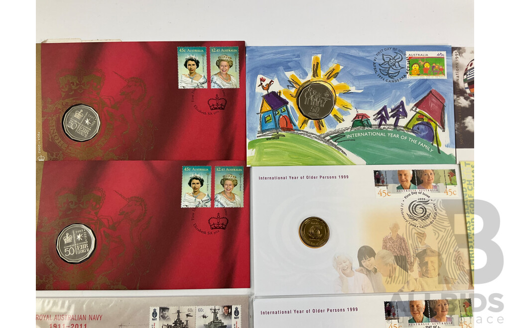 Collection of Eight Australian PNCs and First Day Covers Including 2002 QE2 Golden Jubilee, 2011 Royal Australian Navy, 1998 Bass/Flinders, 1995 Weary Dunlop, 1999 Year of the Older Person, 1994 Year of the Family