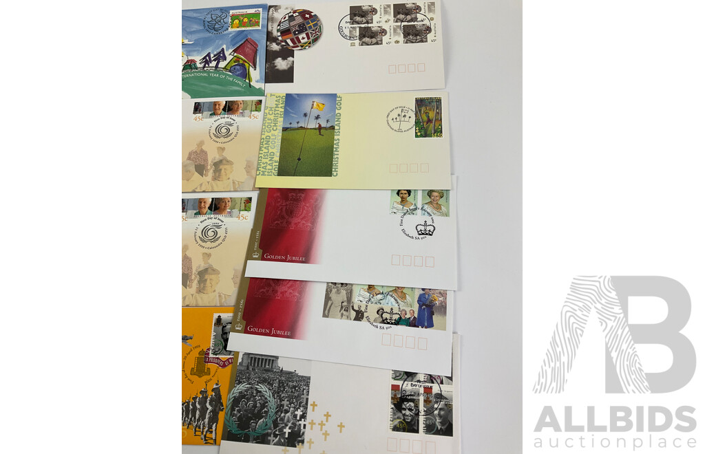 Collection of Eight Australian PNCs and First Day Covers Including 2002 QE2 Golden Jubilee, 2011 Royal Australian Navy, 1998 Bass/Flinders, 1995 Weary Dunlop, 1999 Year of the Older Person, 1994 Year of the Family