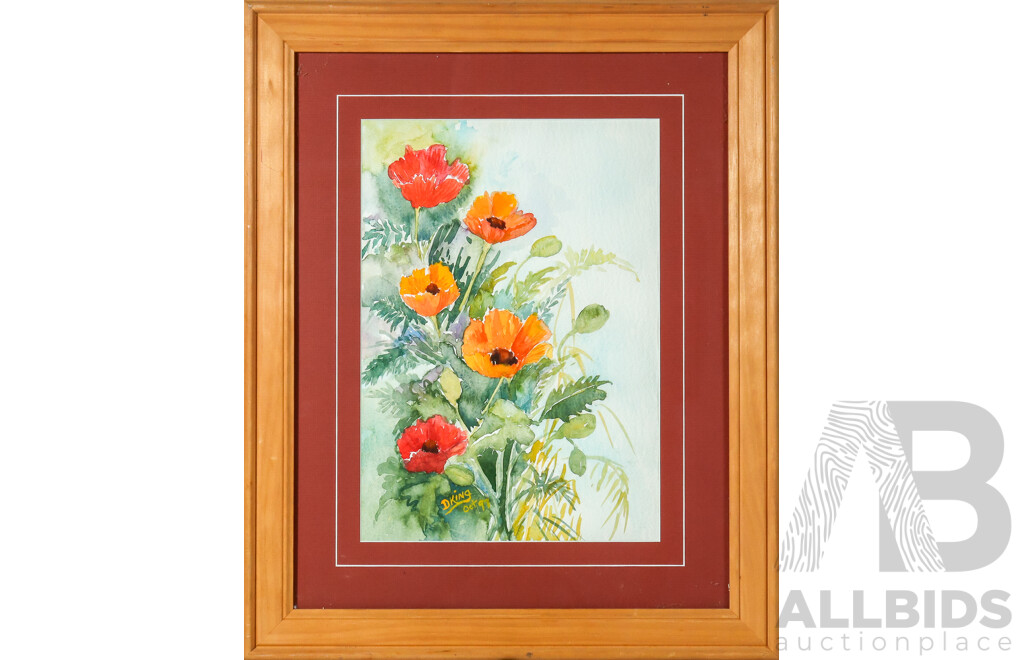 D.King (20th Century, Australian, Working c1990s), Poppies I and II, Pair of Original Watercolours, 53 x 44 cm (frames) (2)