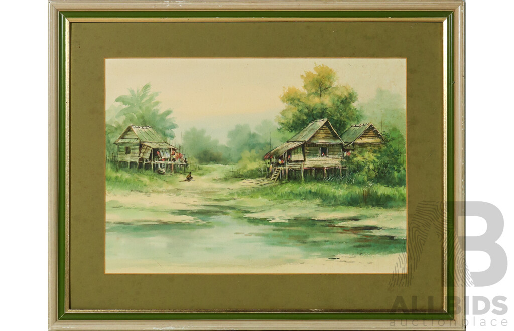 Artist Unknown (20th Century, Asian School), Village Houses on Stilts, Original Vintage Watercolour, 40 x 50 cm (frame)