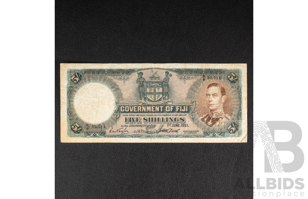 Fiji 1951 KGVI Five Shilling Note, B9 51, 511