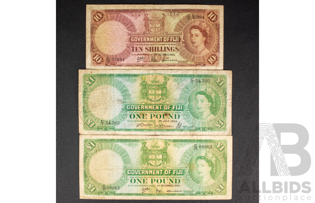 Three Fiji QE2 Banknotes, Two 1954 One Pound, 1965 Ten Shillings