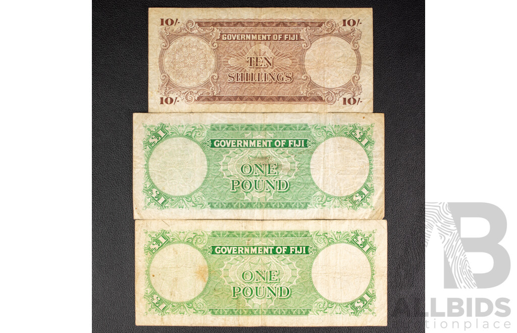 Three Fiji QE2 Banknotes, Two 1954 One Pound, 1965 Ten Shillings