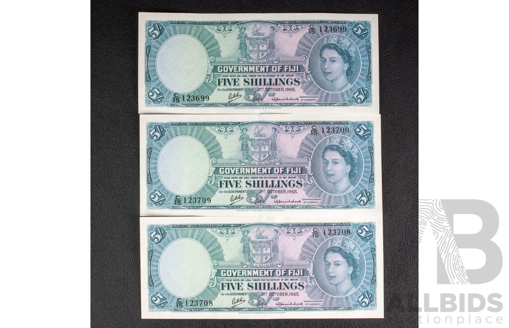 Three Fiji QE2 1965 Five Shilling Notes, Consecutive C15 123708 - C15 123709 and C15 123699