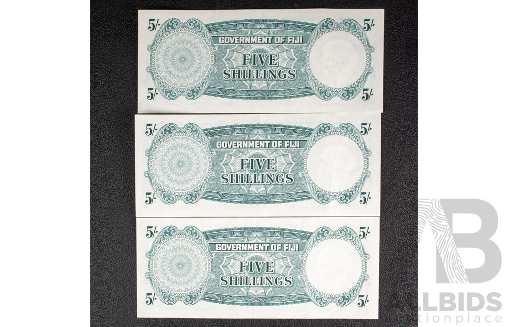 Three Fiji QE2 1965 Five Shilling Notes, Consecutive C15 123708 - C15 123709 and C15 123699