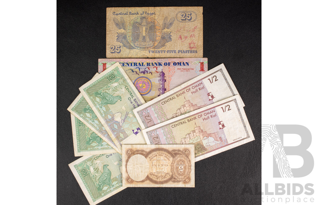 Collection of Oman and Egypt Banknotes, Examples Spanning 1940 to 2005