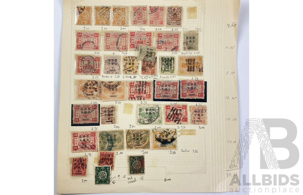 Collection of Antique and Vintage Chinese Stamps Including Imperial China, Manchukuo, Chinese Imperial Post, Qing Dynasty, Sets