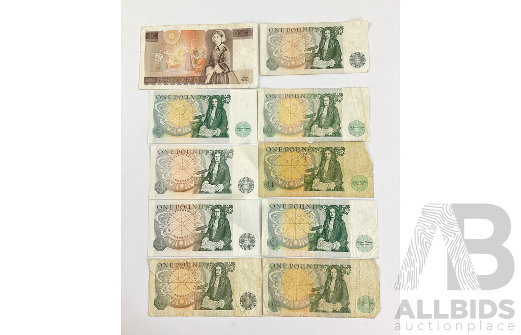 United Kingdom QE2 Banknotes Including Ten Pound and Nine One Pound