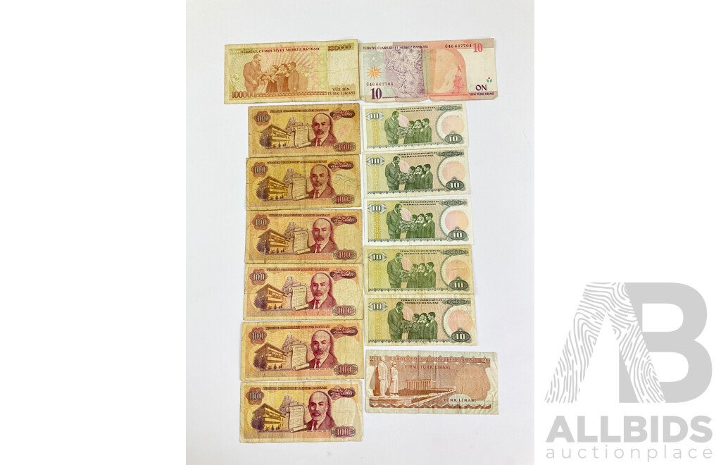 Collection of Vintage Turkish Banknotes Including Ten, One Hundred, One Hundred Thousand Lirasi