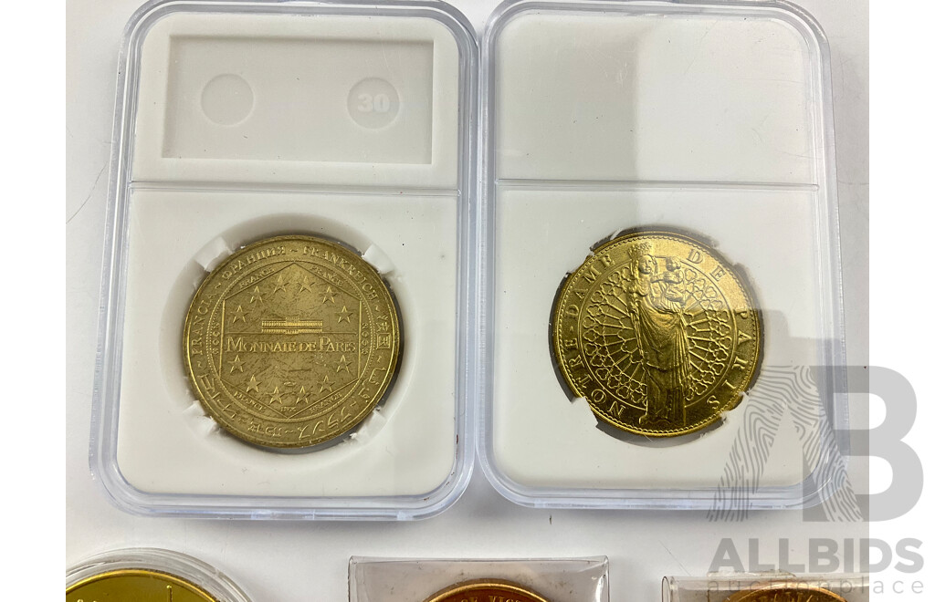 Three State Savings Bank of Australia 1970 Captain James Cook Bicentenary Medallions with Paris 2008 Notre Dame and Monnaie De Paris  Medallions and Egypt Gold Tone Anubis Coin